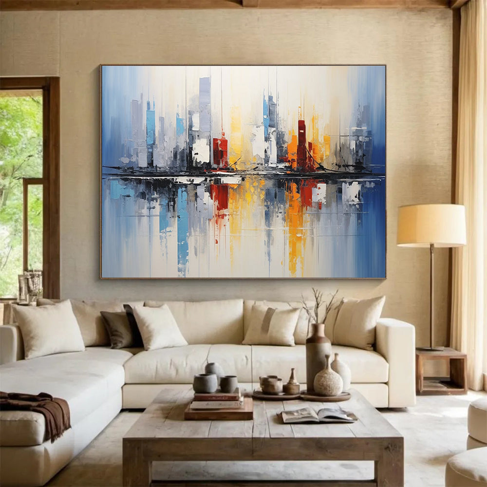 Cityscape Reflection Abstract Painting with Blue, Red, and Yellow Tones THY170