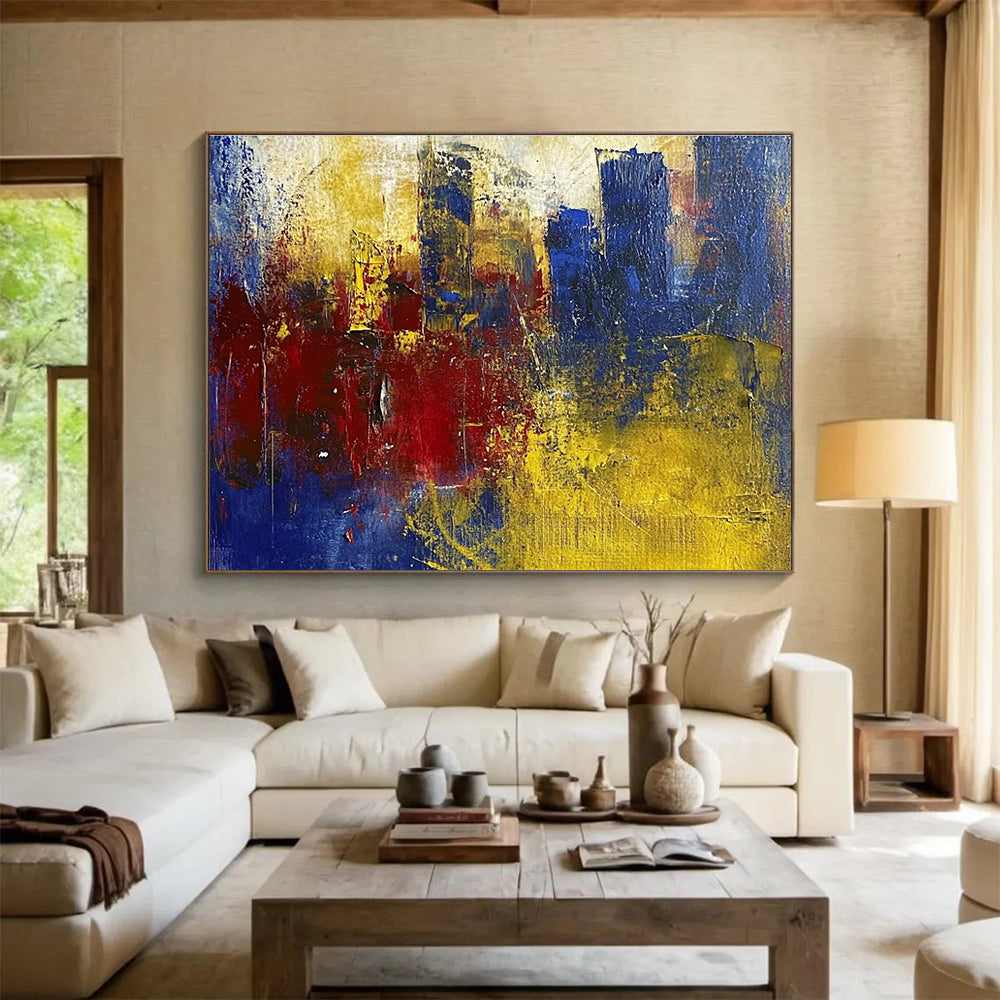Textured Cityscape Abstract Painting with Blue Red and Yellow DYP515