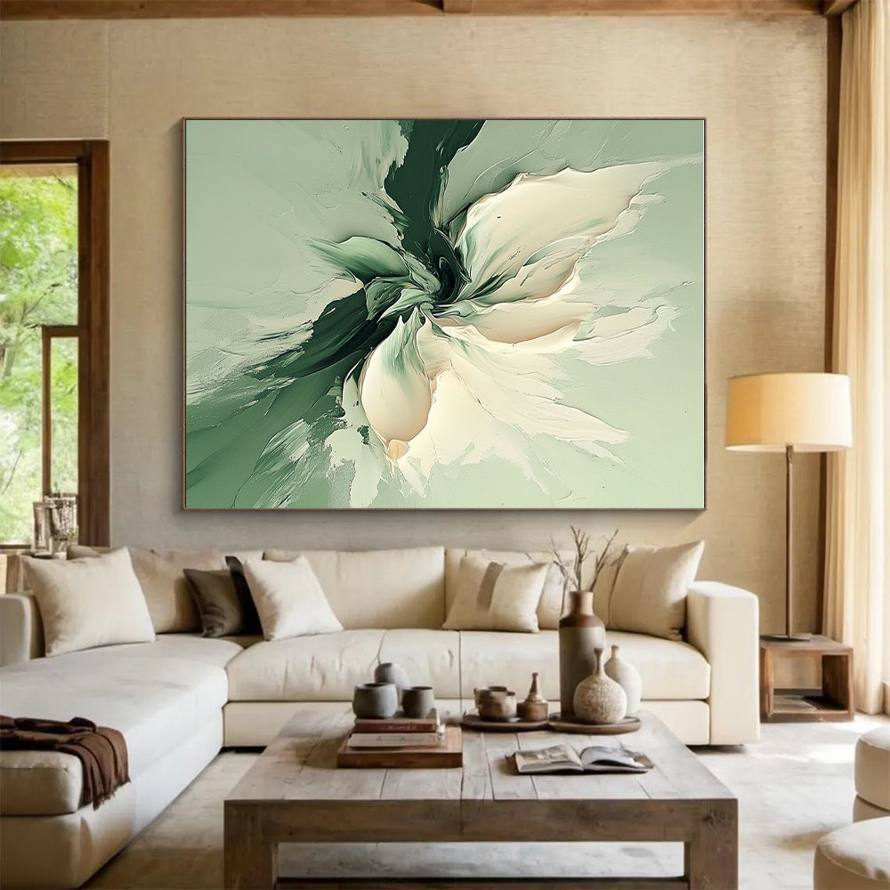 Green and White Abstract Painting with Textured Flower GER569