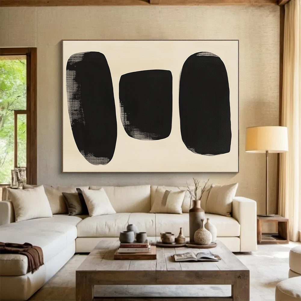 Black and Beige Abstract Painting with Large Black Organic Shapes GER189
