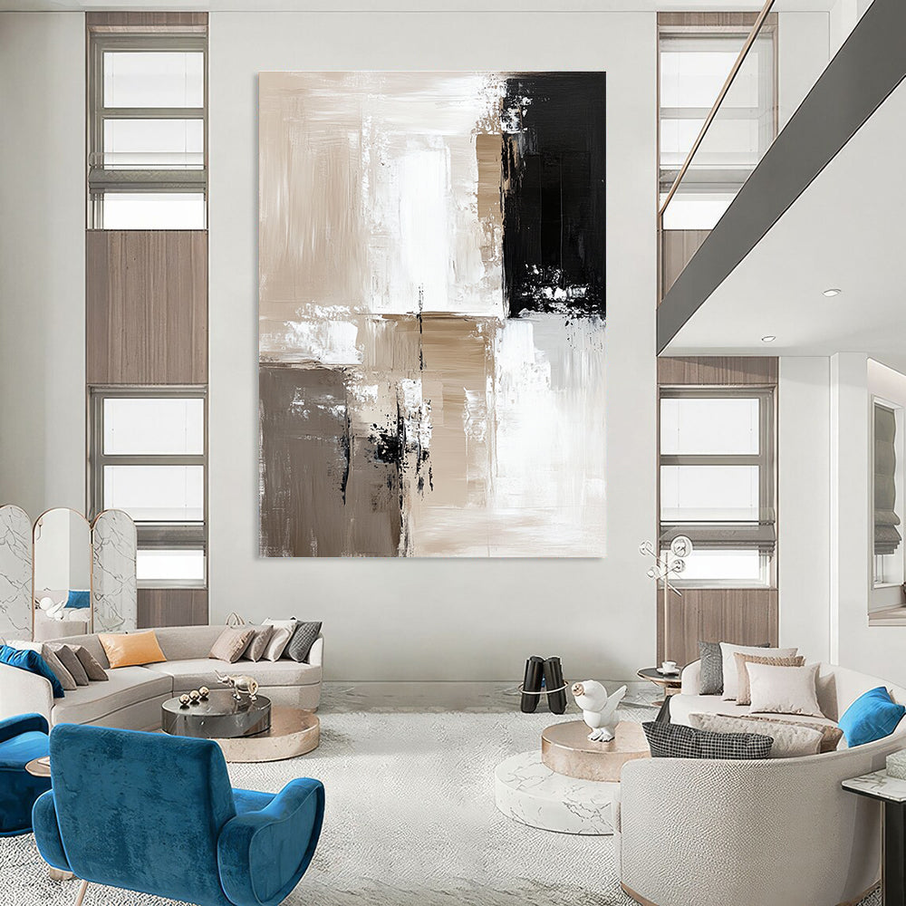 Large abstract painting featuring beige and white color blocks with thick brush strokes and black accents on a neutral background in minimalistic oil paint.STSC411