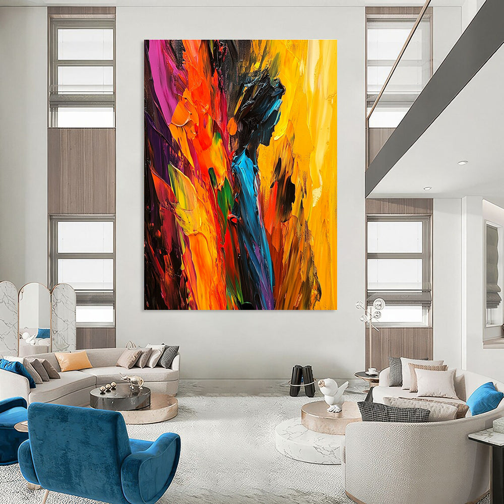 Large abstract painting with bold strokes vibrant colors and a dynamic central figure offering depth energy and passion.STSC938