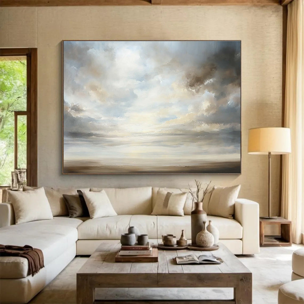 A large abstract painting featuring an open sky with billowing clouds in soft pastels, symbolizing peace and infinite possibilities.SC560