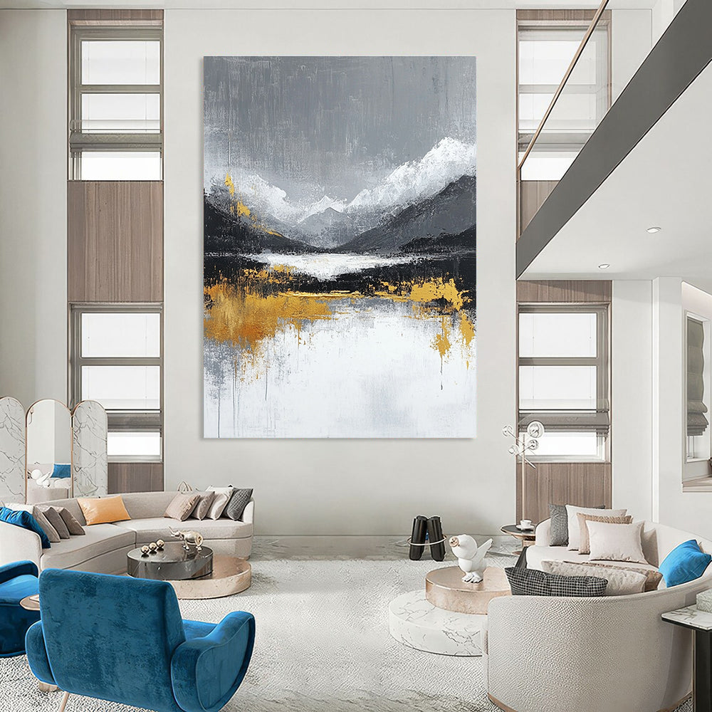 Large abstract painting featuring gray and white background with gold lines evoking tranquility and luxury in a minimalist Chinese landscape style.STSC224