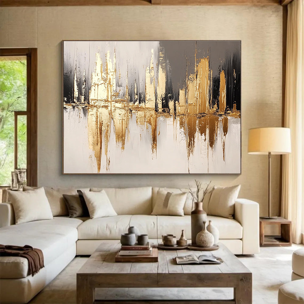 Gold and Gray Cityscape Abstract Painting with Reflective Textures DYP311