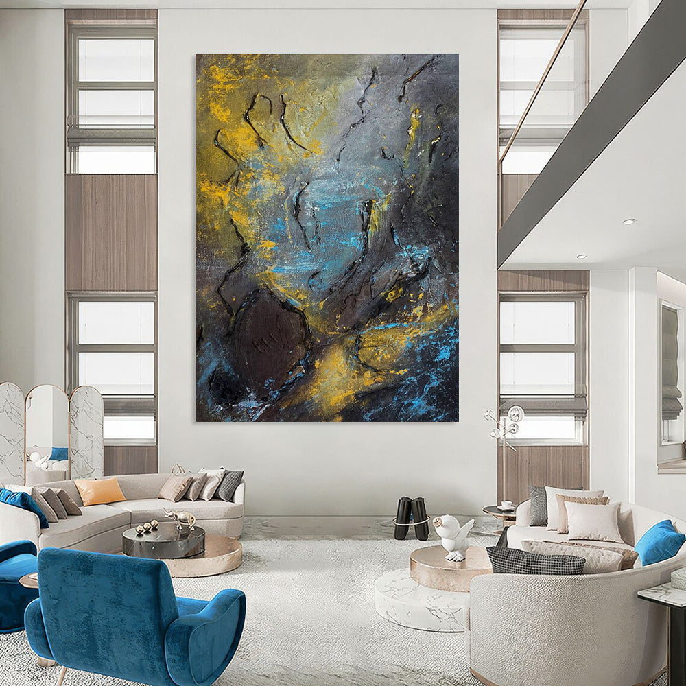 Dark Textured Abstract Painting with Yellow - Blue Accents ADGE471