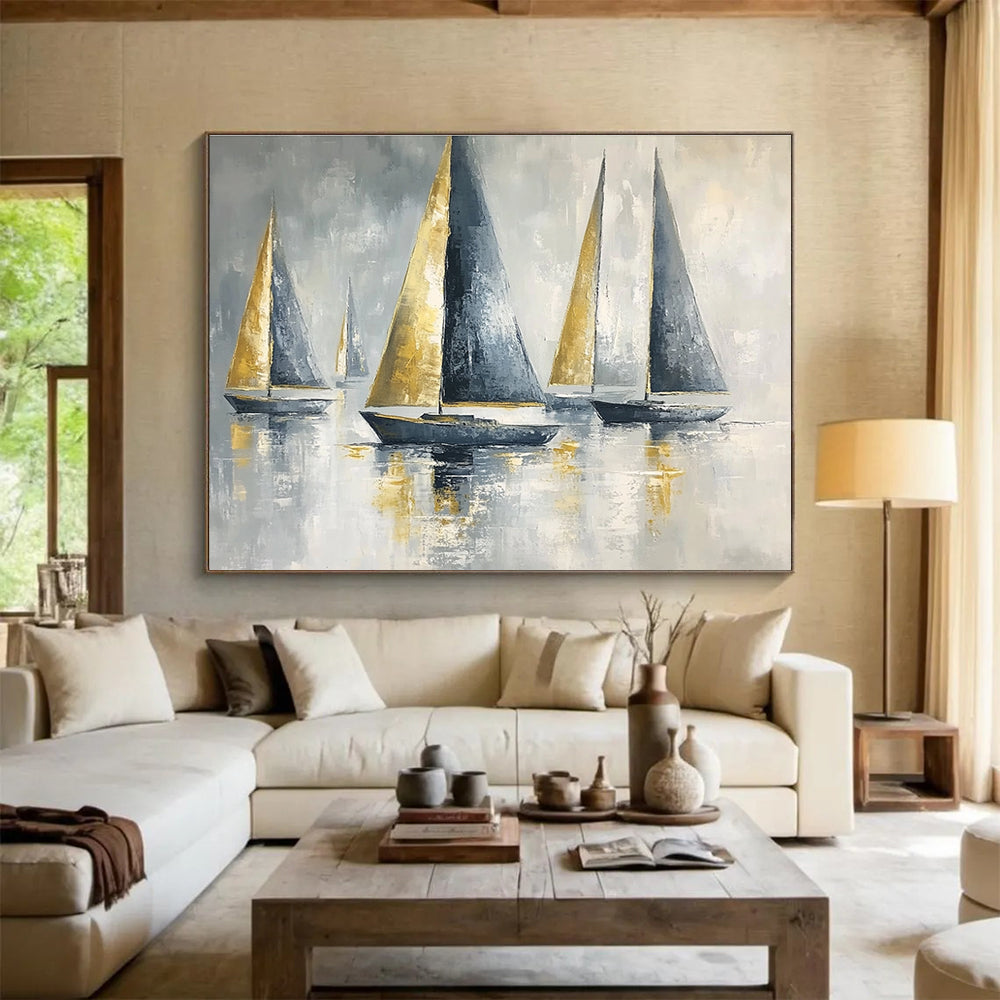 Gold and Gray Sailboats Elegant Abstract Painting with Metallic Accents DYP607
