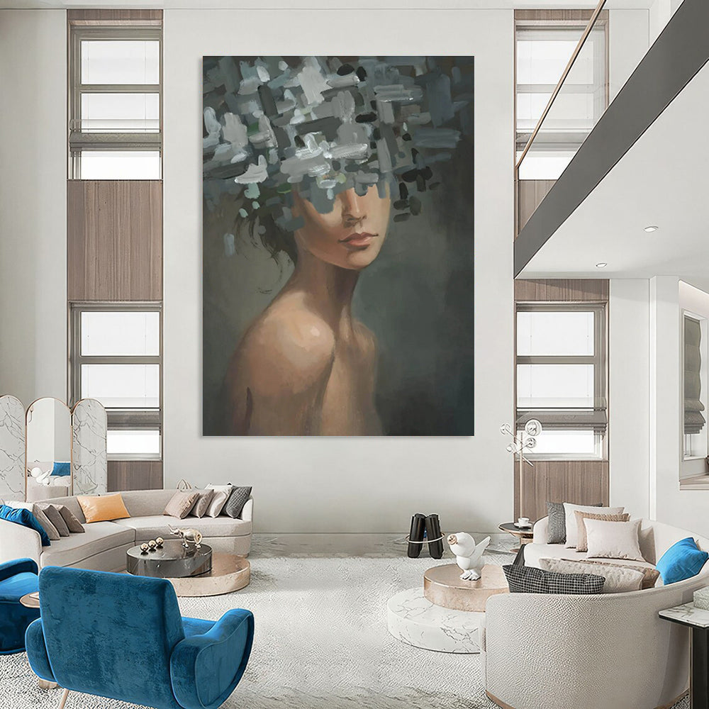 Gray and White Floral Head Woman Abstract Painting ADGE328
