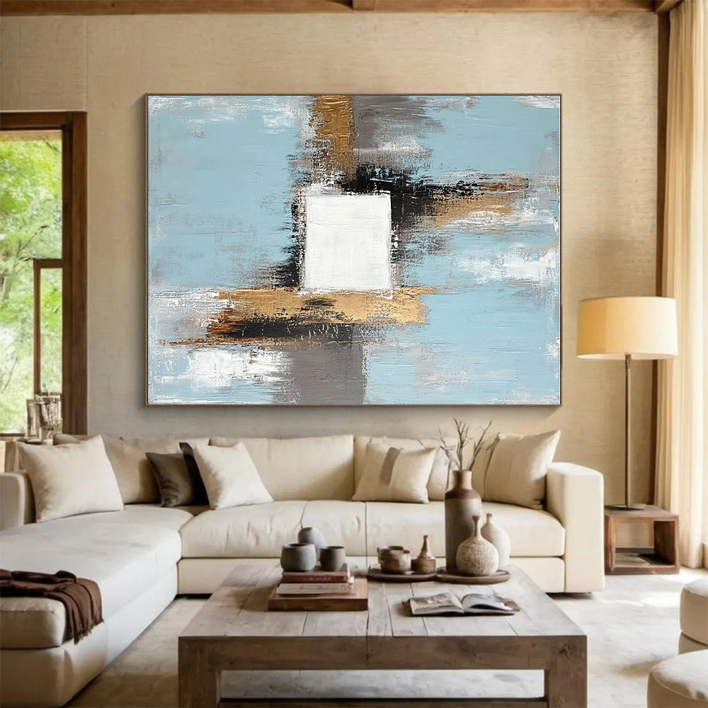 Light Blue Gold and Gray Abstract Painting with Geometric Forms GER555