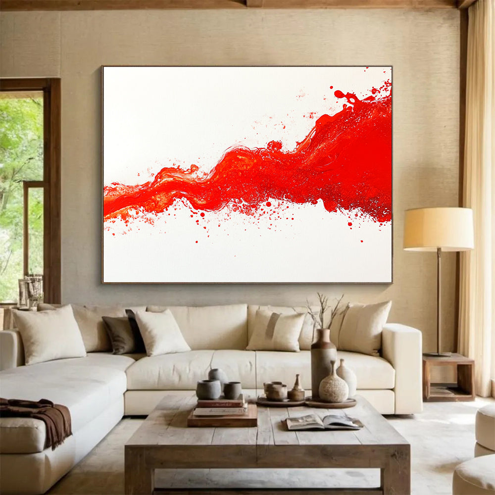 Large abstract painting featuring a vibrant crimson wave flowing across a white canvas with dynamic splashes capturing fluidity and energy.SC039