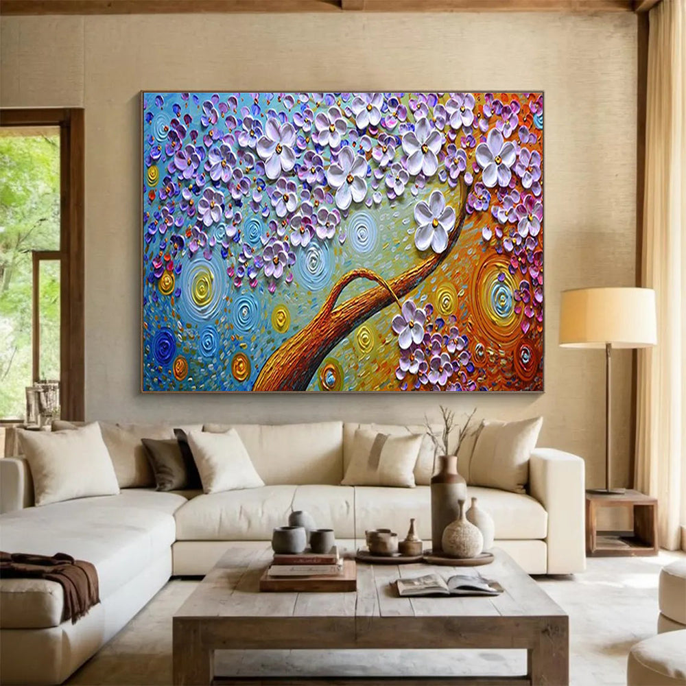 Starry Flower Tree Abstract Painting with Purple, Blue, and Gold Tones THY217