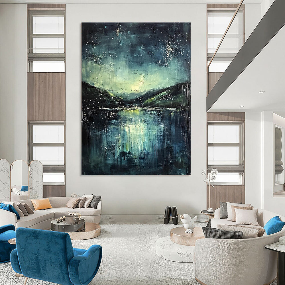 Abstract painting featuring a misty night sky with stars a serene lake and green hills in dark blue and teal hues.STSC294