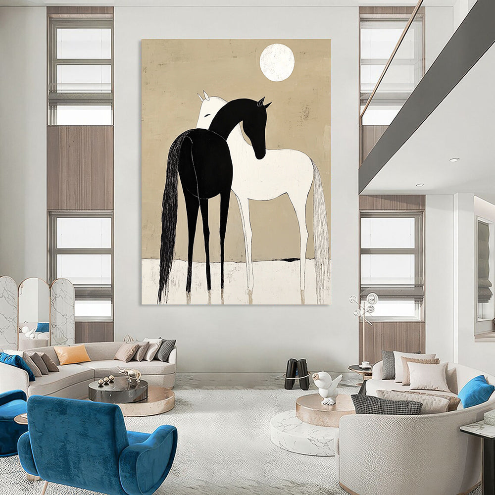 A large abstract painting depicting a black horse and white pony cuddling under a moonlit sky with simple shapes and a minimalistic beige background.STSC915
