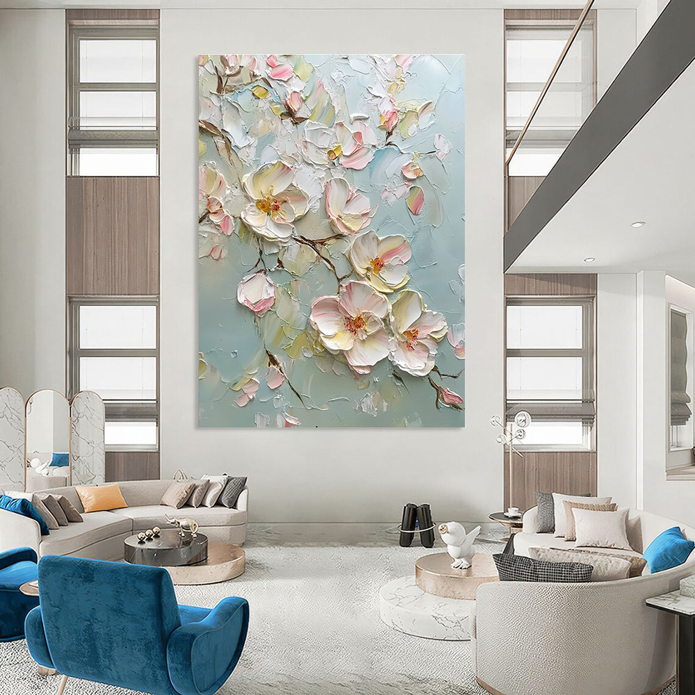 Large abstract painting featuring delicate light pink and white flowers with impasto texture creating a dreamy romantic atmosphere and vibrant colors.STSC1371