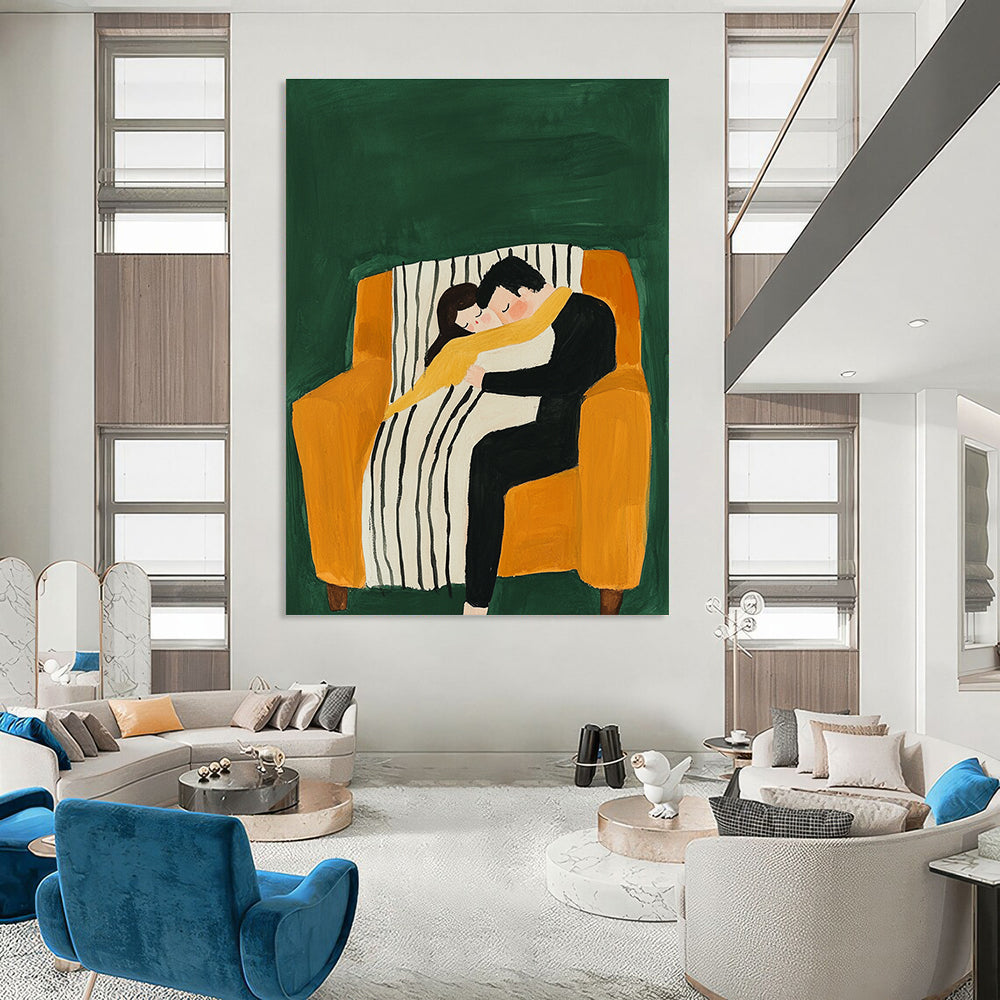 An abstract gouache illustration featuring a couple cuddling on an armchair with a striped blanket against a vibrant green background.STSC1054