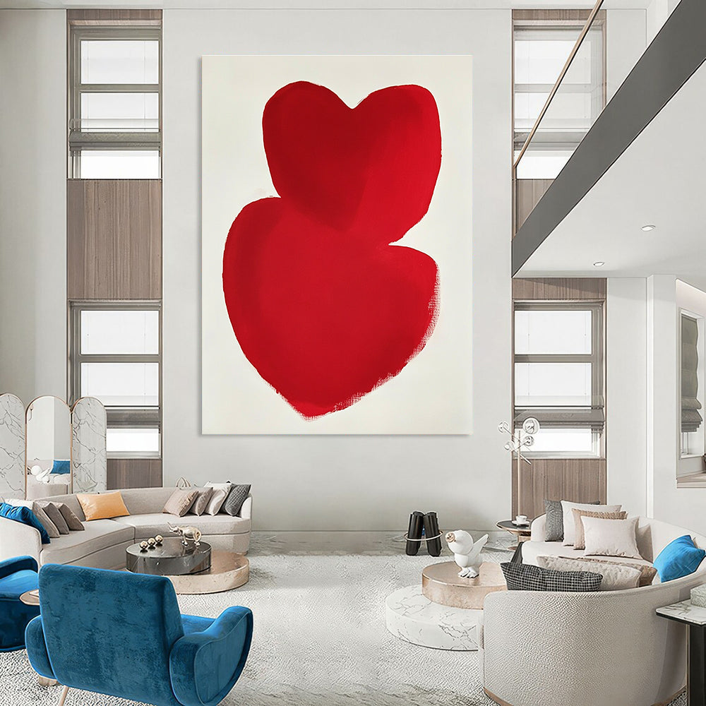 A large abstract painting featuring overlapping red hearts on a white background inspired by minimalist art in the style of Mark Rothko.STSC1192