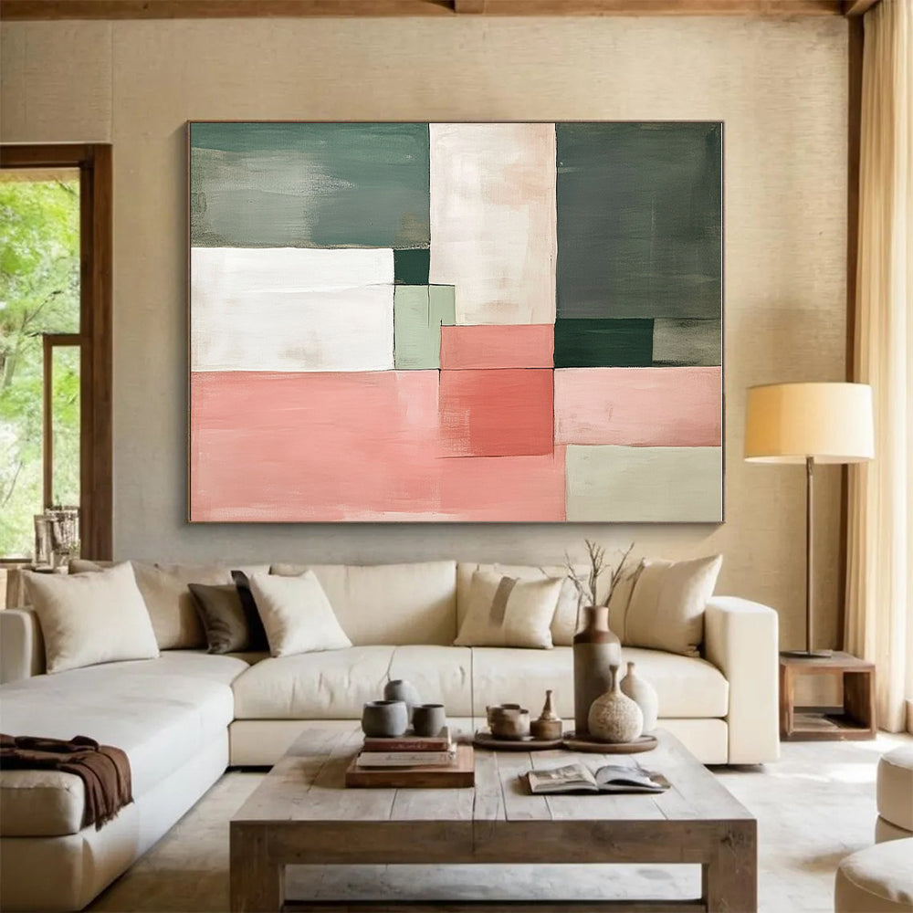 Green and Pink Block Abstract Painting with Subtle Contrasts GER154