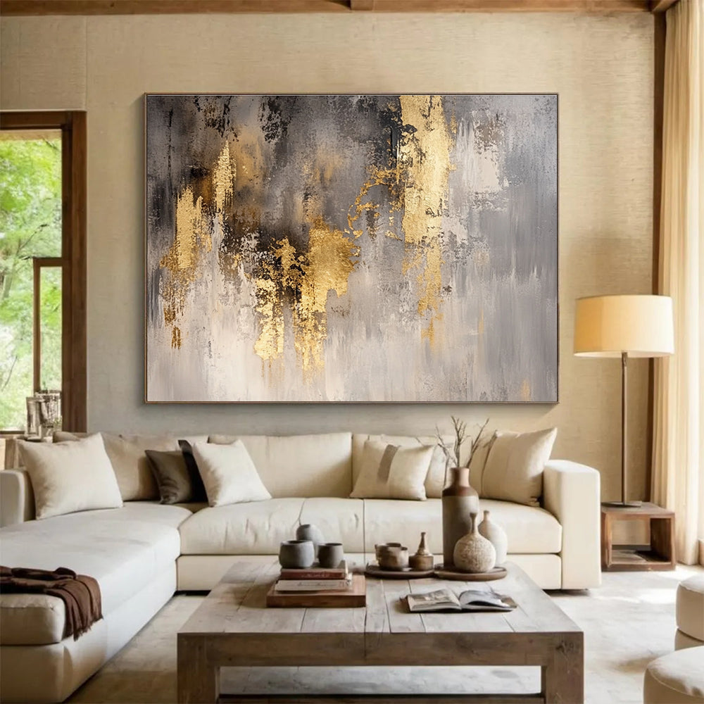 Grey and Gold Abstract Painting with Textured Brushstrokes DYP167