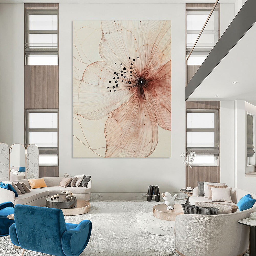A large abstract painting showcasing delicate petals intricate patterns and subtle textures in light pink and dark brown against a beige background.STSC948