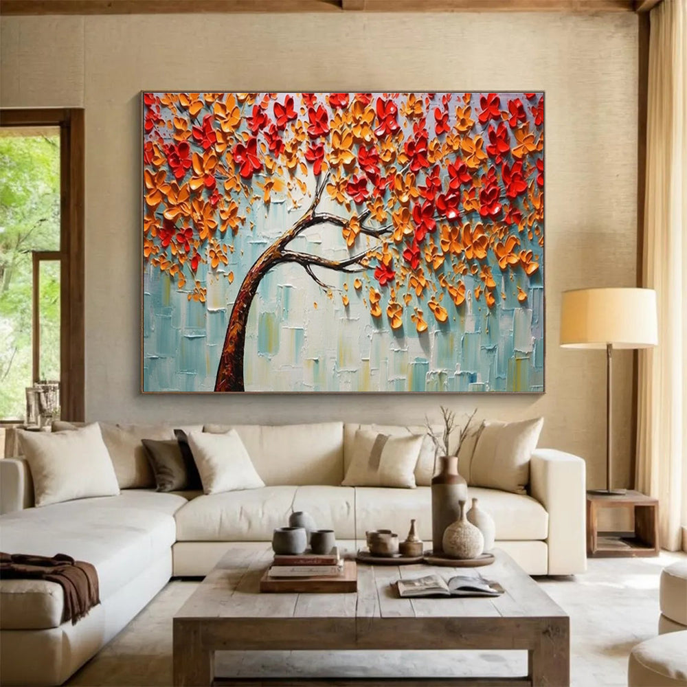 3D Autumn Tree Abstract Painting with Orange, Red, and Blue Tones THY168