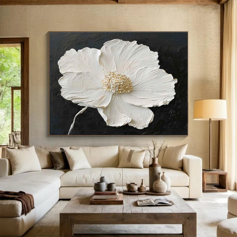 Textured White Flower on Black Background Abstract Painting THY090