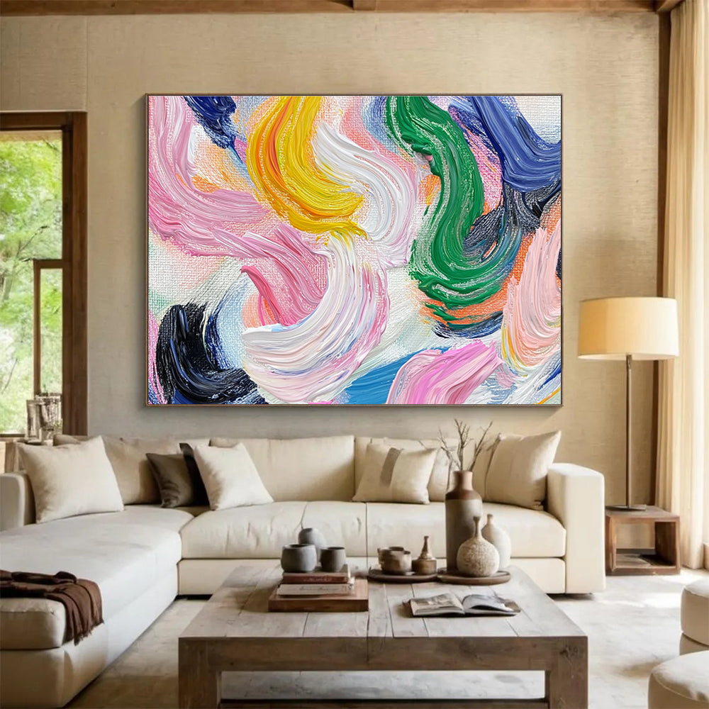 Pink Yellow Green - Wavy Line Abstract Painting DYP028