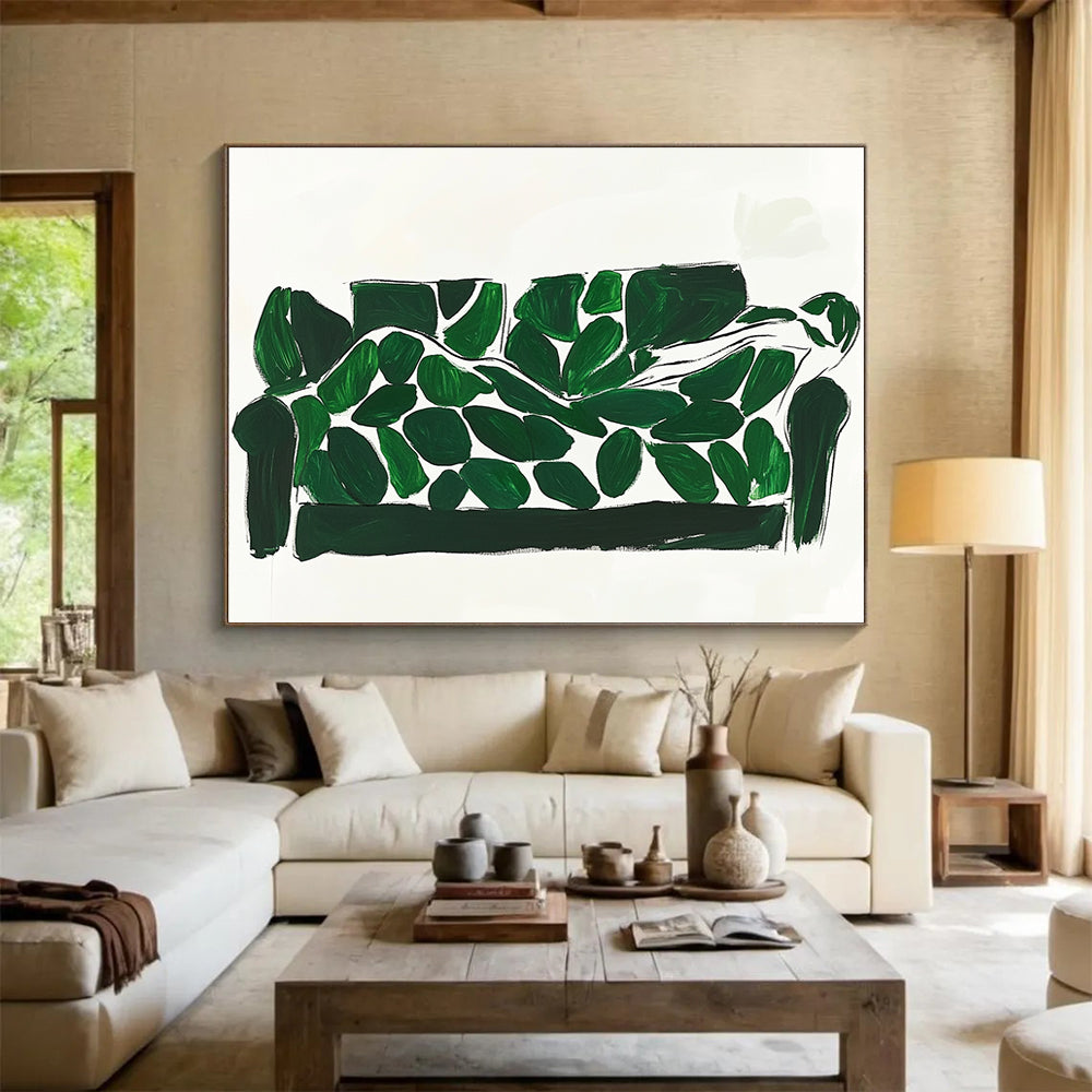 Green and White Abstract Painting of a Leaf - Covered Sofa DYP142