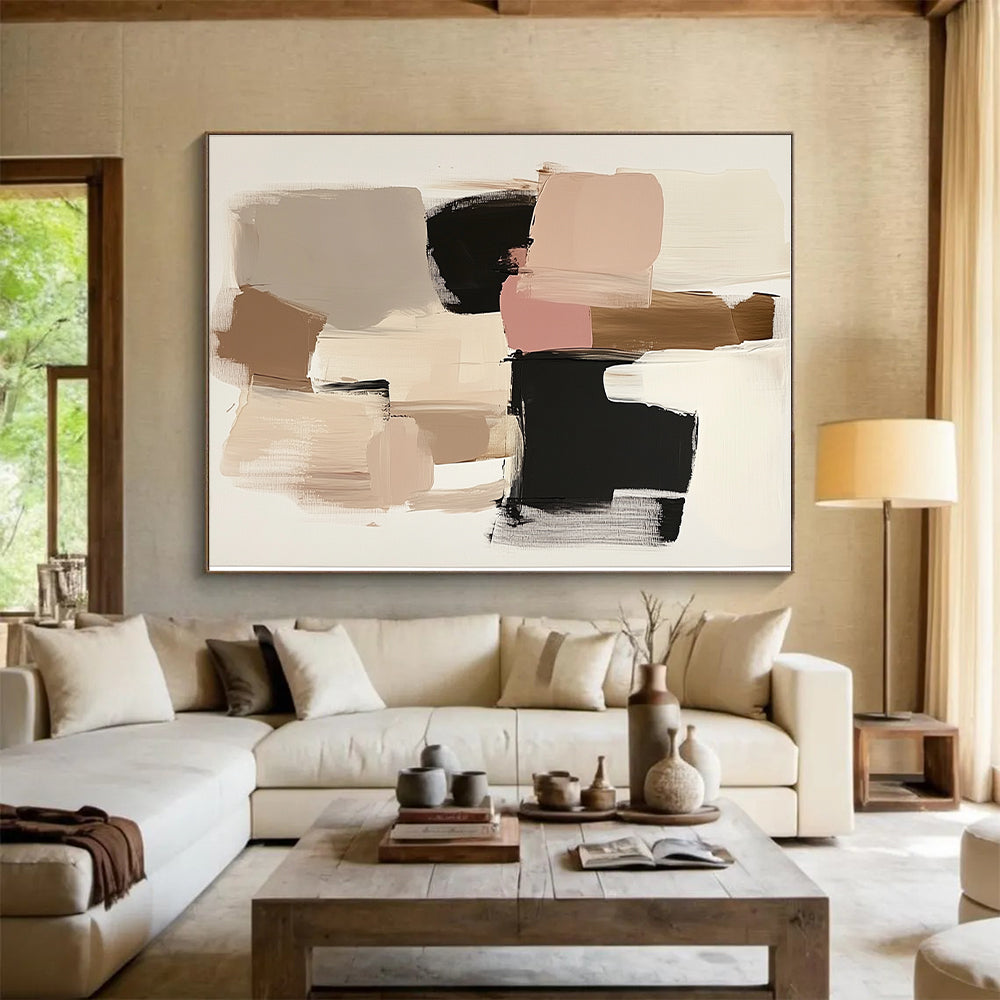 Beige Pink and Black Abstract Painting with Geometric Shapes GER480