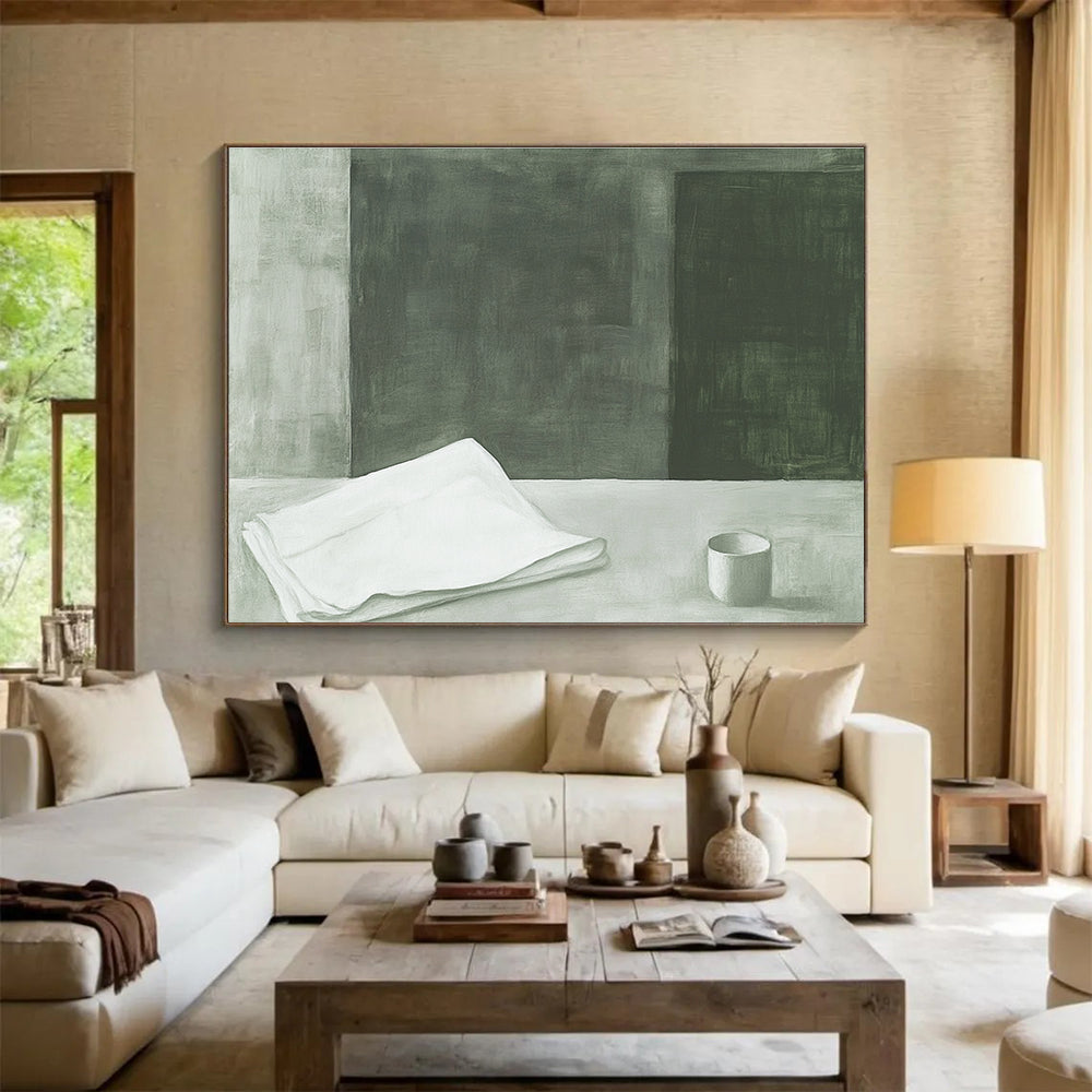 A large abstract painting featuring a folded white sheet with soft edges and hazy details in green and gray tones inspired by Peter Doig.SC571