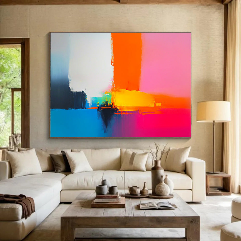 A large abstract painting featuring bold shapes and clean lines in pink orange blue yellow and white inspired by Peter Wileman's brushstrokes.SC505