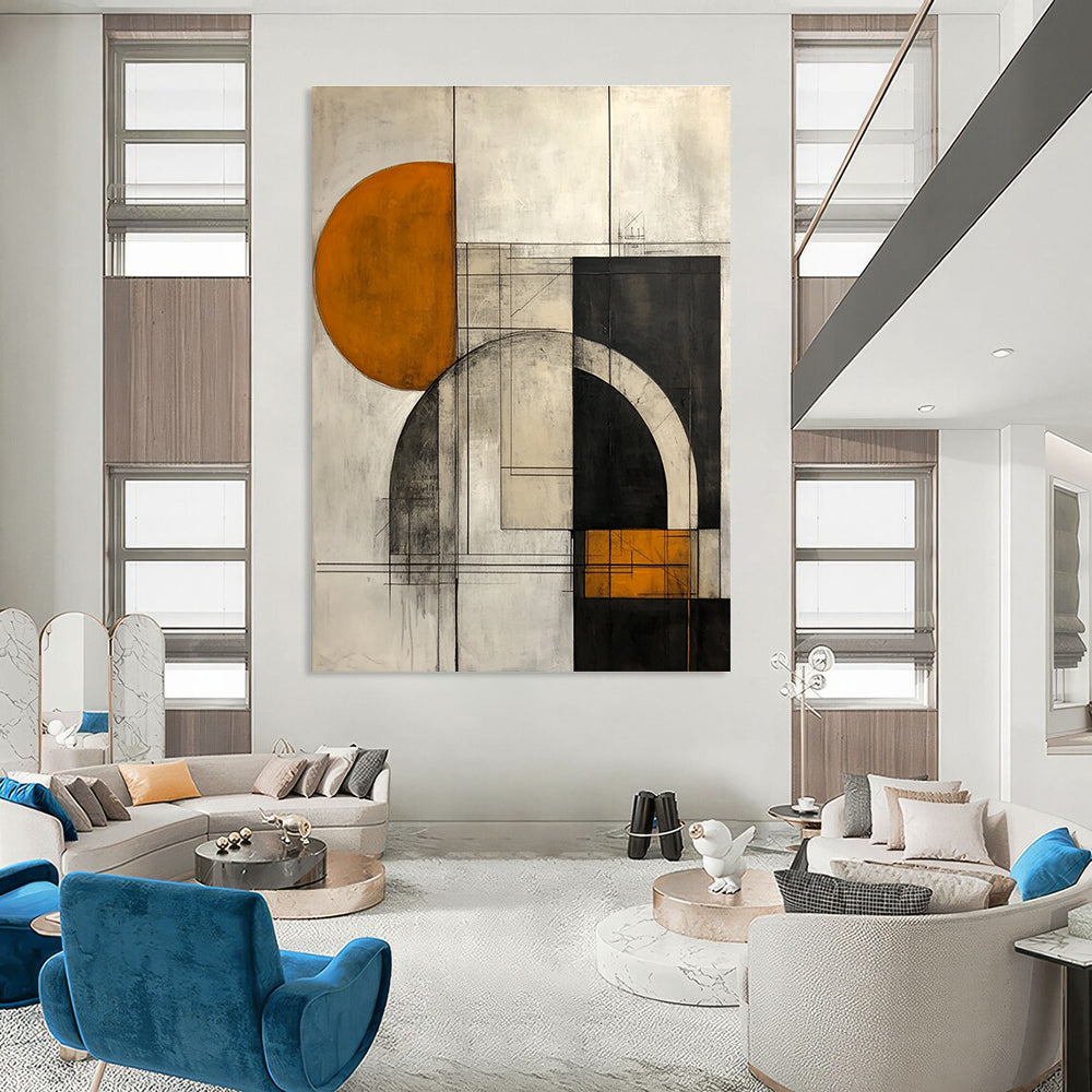 Large abstract painting featuring geometric shapes in gray mustard yellow and copper with architectural elements on a white background.STSC754