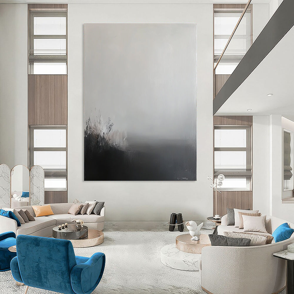 Large abstract painting featuring a grey sky and misty landscape in soft tones and neutral colors creating a calming and contemplative atmosphere.STSC288