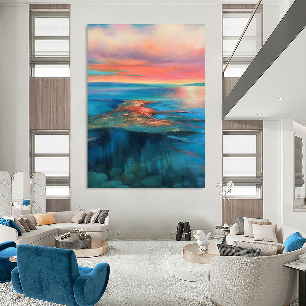 Pink and Blue Sunset Sea Abstract Painting for Relaxing Corners ADGE051