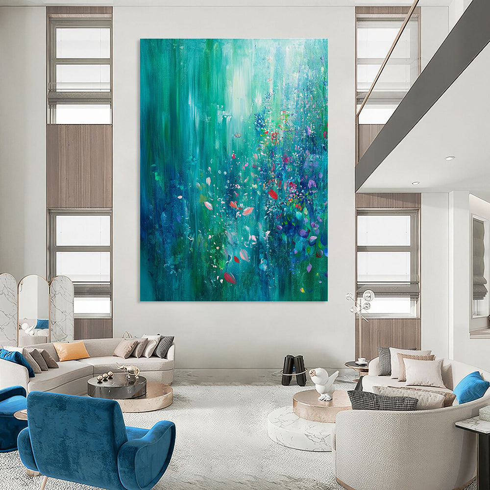 Large abstract painting of an underwater garden with turquoise emerald hues coral reef soft light small fish and colorful bubbles for a tranquil effect.STSC273