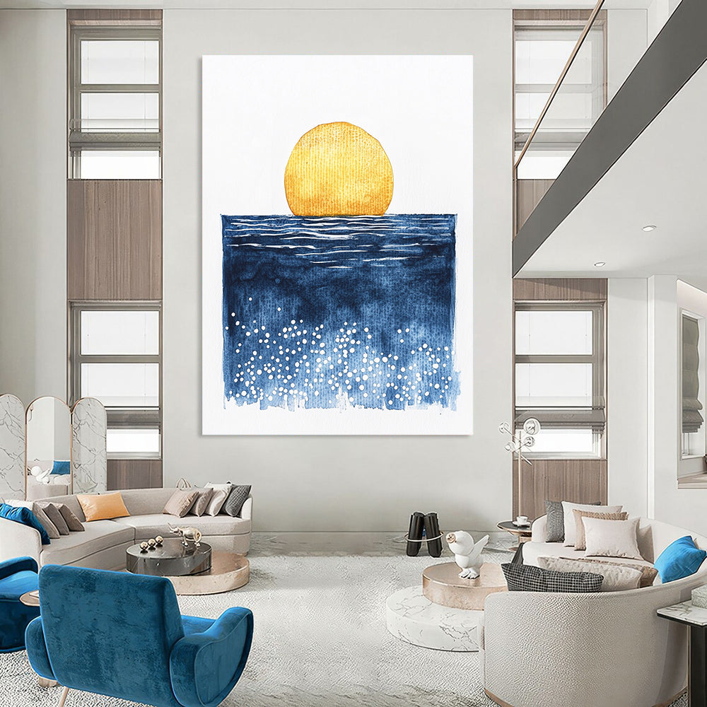 Large abstract watercolor painting of a sun rising over the ocean in minimalist style featuring blue yellow and white dots.STSC506