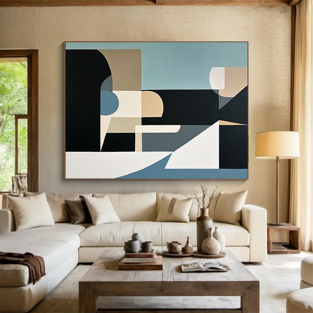 An abstract painting featuring geometric shapes and organic forms in muted tones of light blue black grey beige and white.SC512