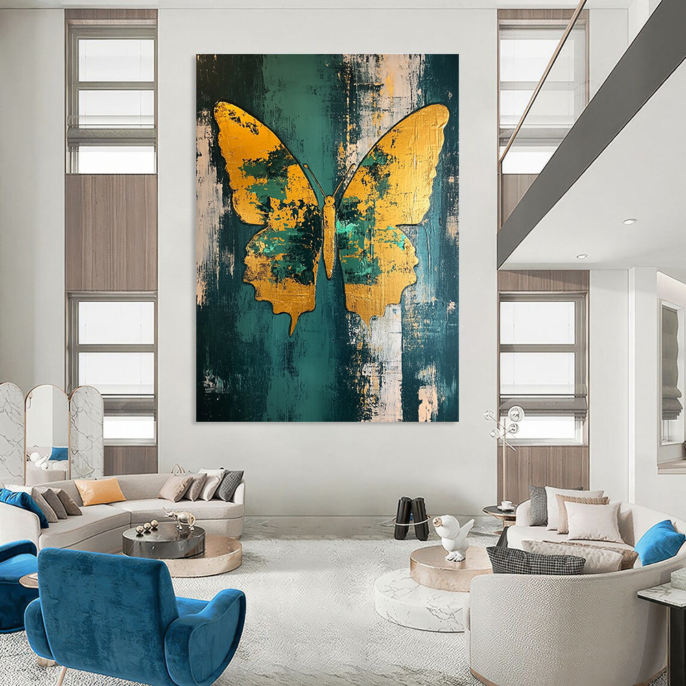 Large abstract painting of a butterfly featuring gold leaf accents in teal and green on a distressed background.STSC280