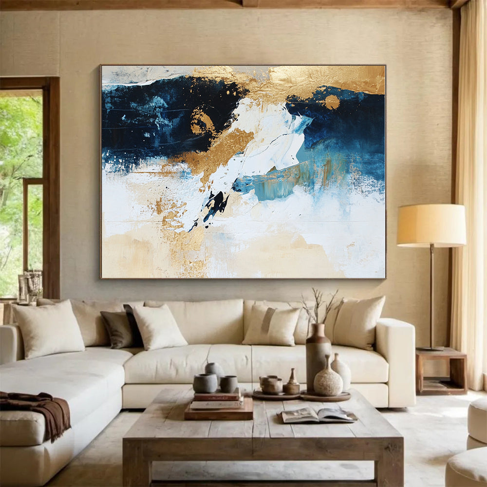 Blue Gold Abstract Painting with Dynamic Brushstrokes GER723