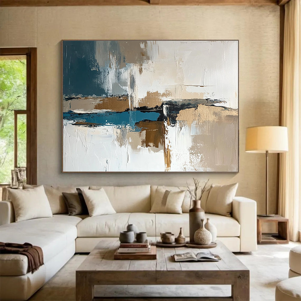 Large abstract painting in white and brown with teal accents featuring thick brush strokes and neutral tones perfect for modern decor.SC313