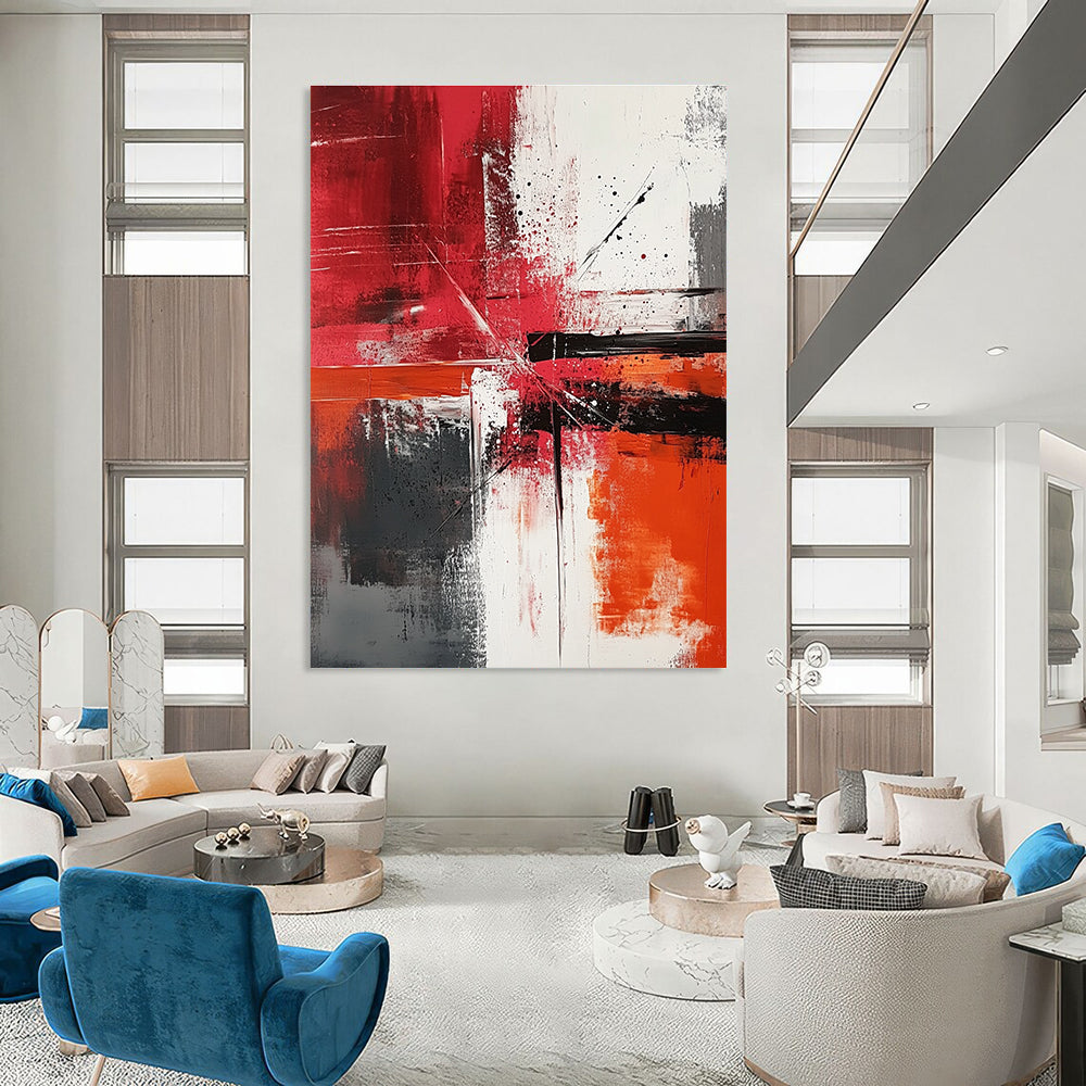 Large abstract painting featuring dynamic brush strokes and color splashes in reds whites and greys creating a sense of movement and harmony.STSC1357