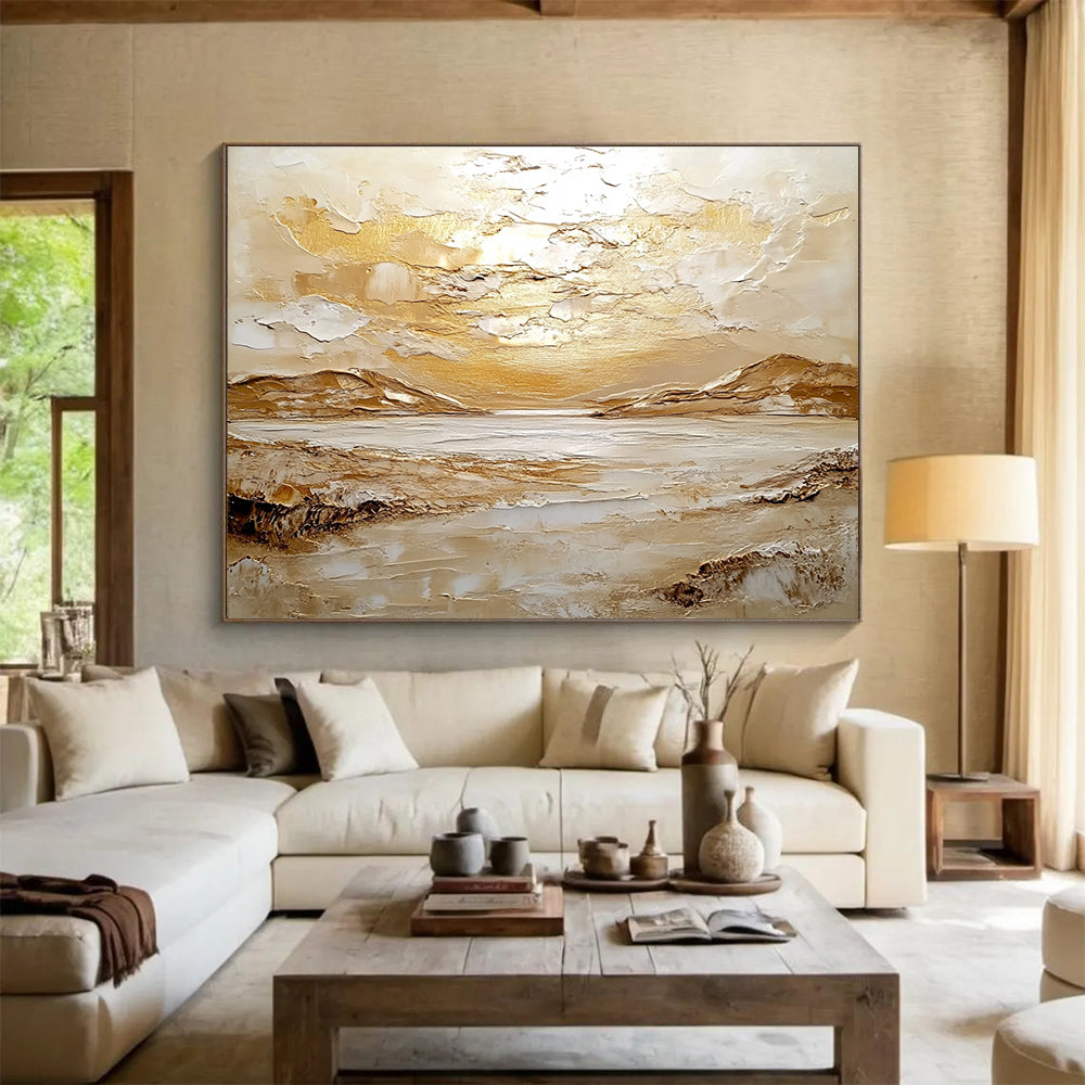 Large abstract painting inspired by Scottish Highlands featuring textured oil, golden light, endless sea, and distant mountains in soft white and beige hues.SC482