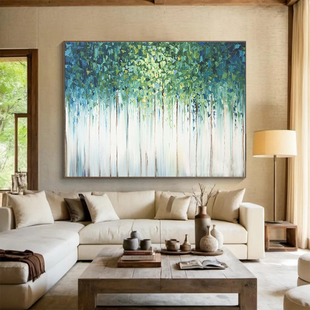 Forest Canopy Abstract Painting with Green, Blue, and White Tones THY206