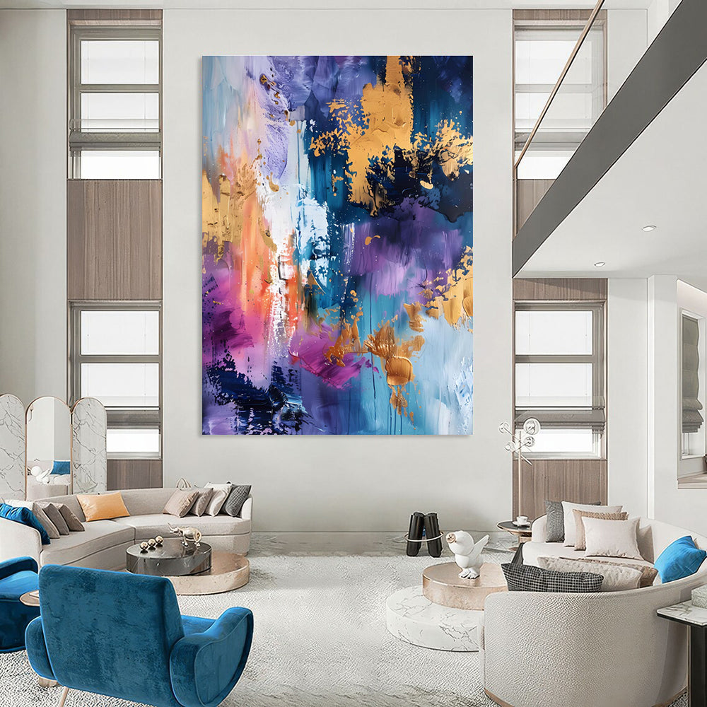 Purple Blue and Gold Abstract Painting with Splashes ADGE282