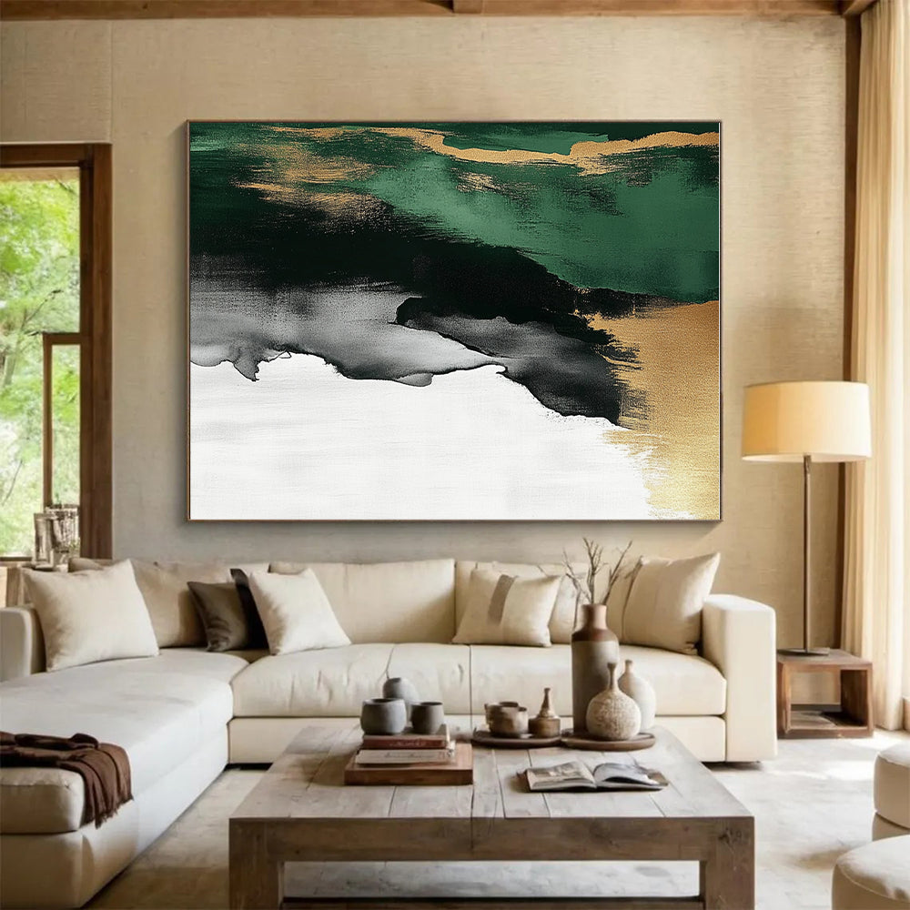 Green Gold Gray and White Abstract Painting with Flowing Textures GER633