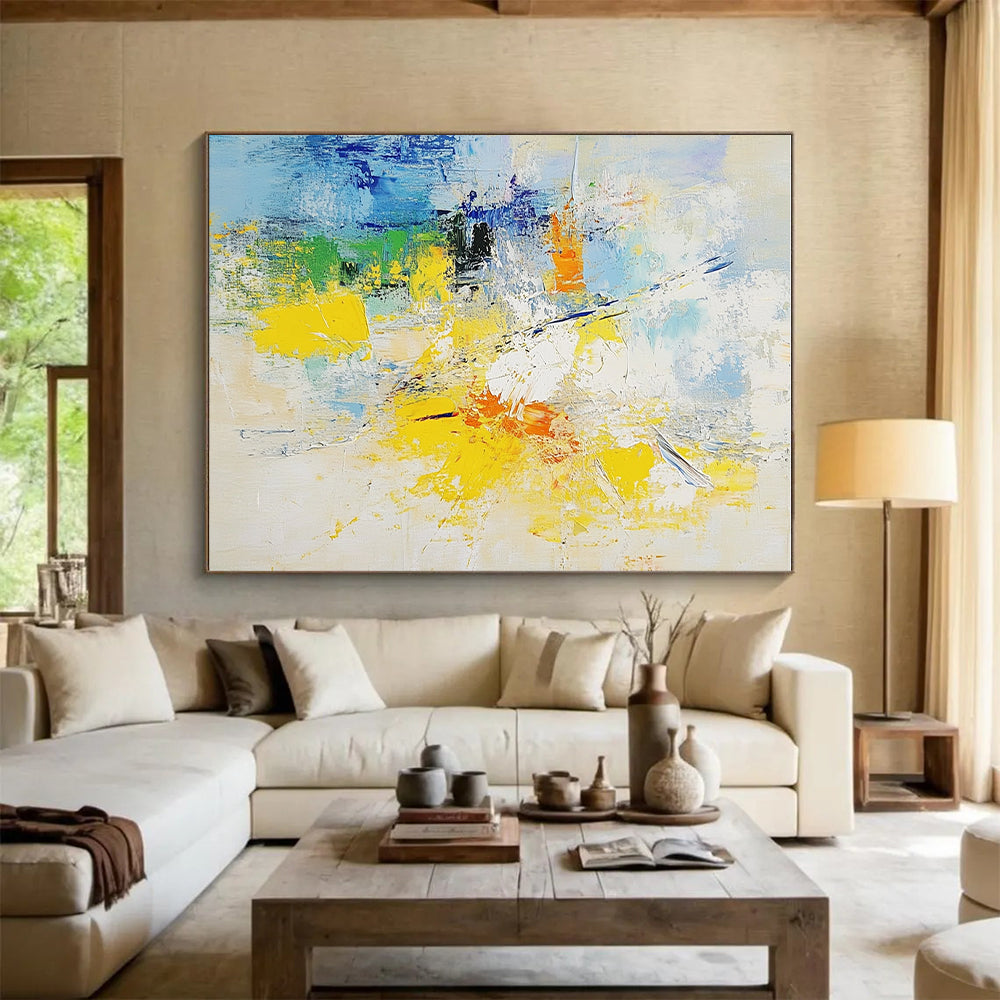 Blue and Yellow Abstract Painting with Energetic Splashes GER486
