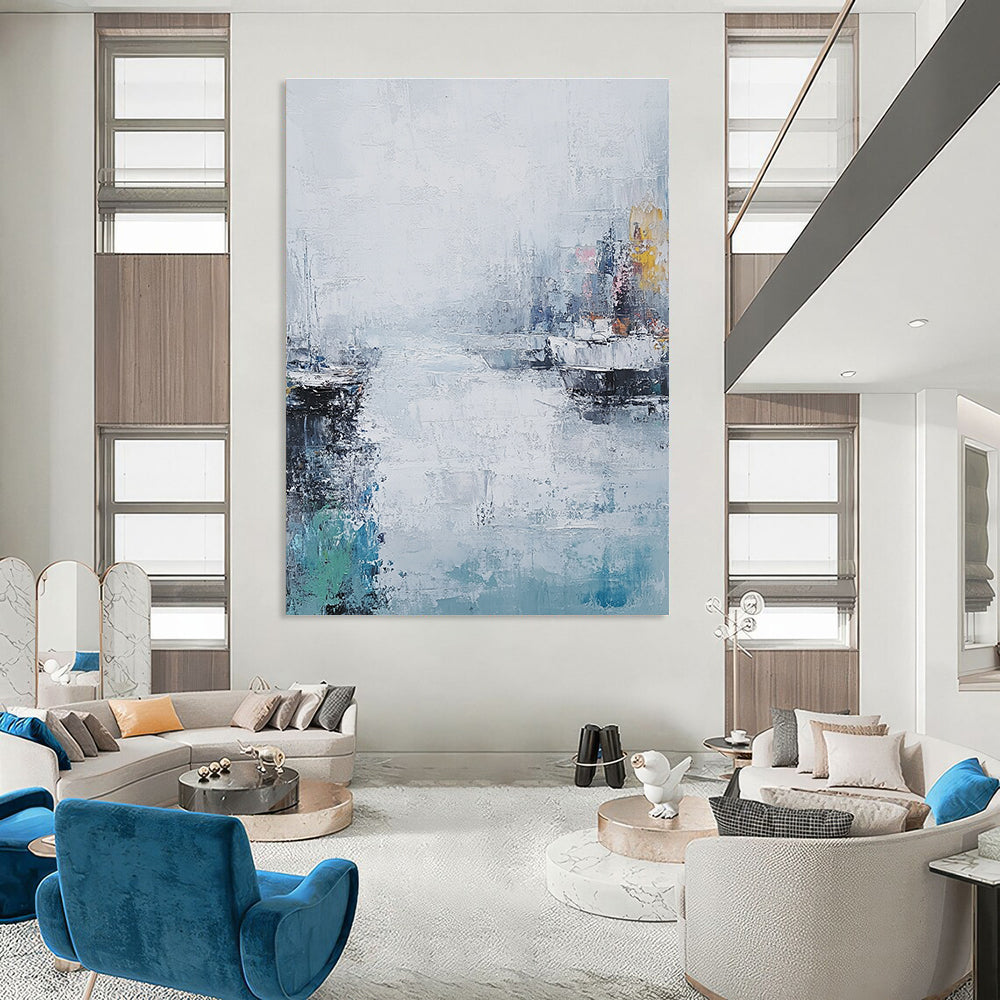Large abstract painting of the sea featuring muted colors thick brush strokes and a vintage coastal cityscape under a foggy sky.STSC199