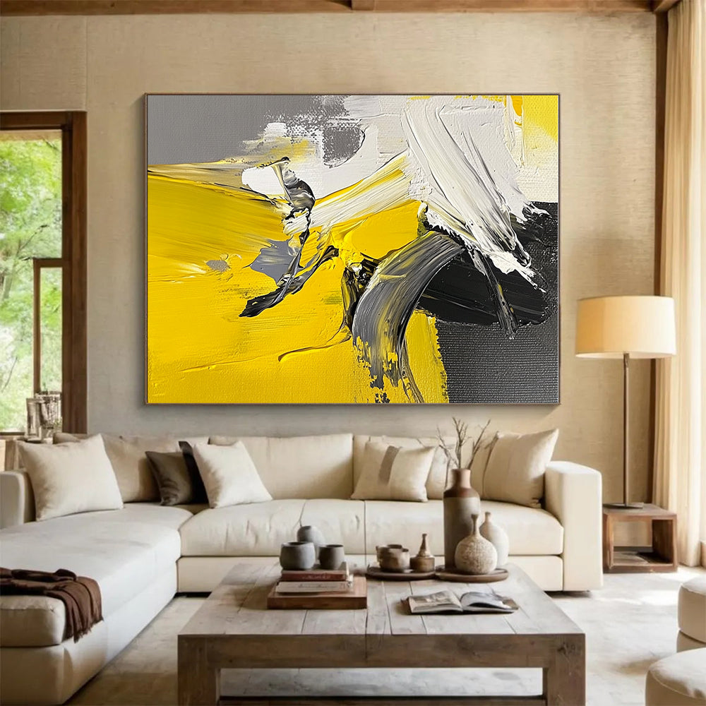 Yellow Gray and White Abstract Painting with Thick Impasto GER552