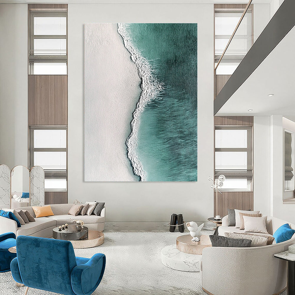 Large abstract painting featuring ocean waves and white sand in hyper-realistic textures with dark green light blue and light gray tones.STSC532