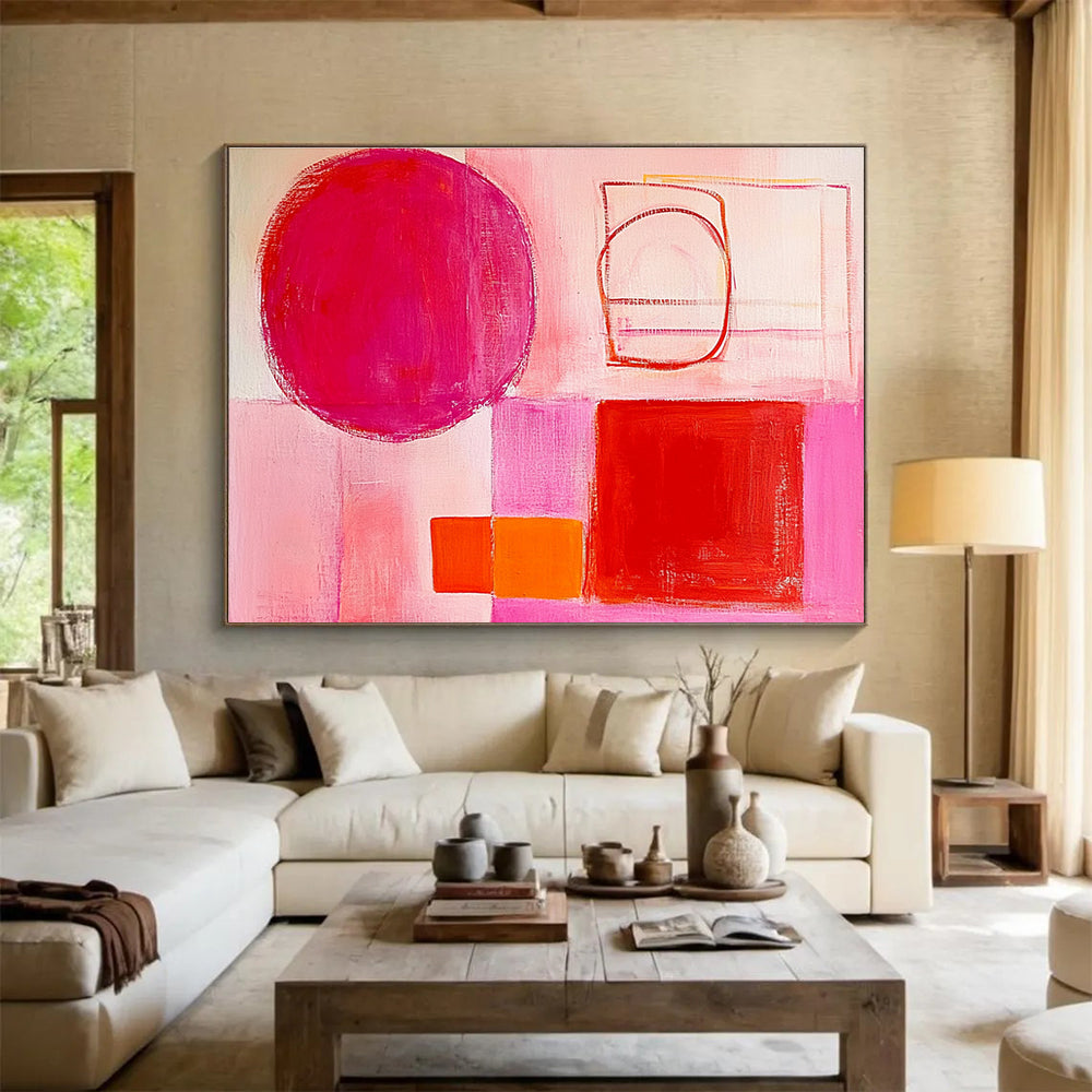 Pink - Toned Abstract Painting with Red and Orange Shapes DYP131