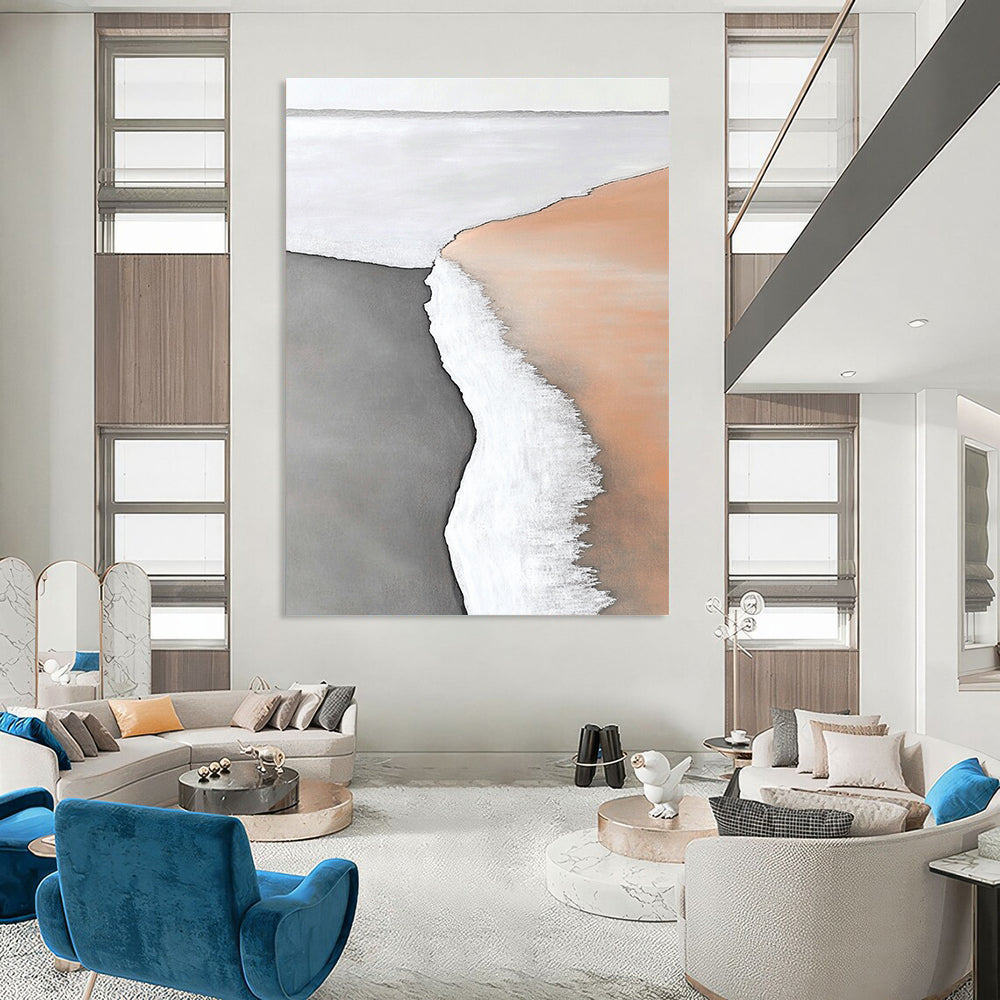 Abstract painting capturing the serene boundary of water and land with white sand and subtle hues of light orange and brown in a minimalistic style.STSC550